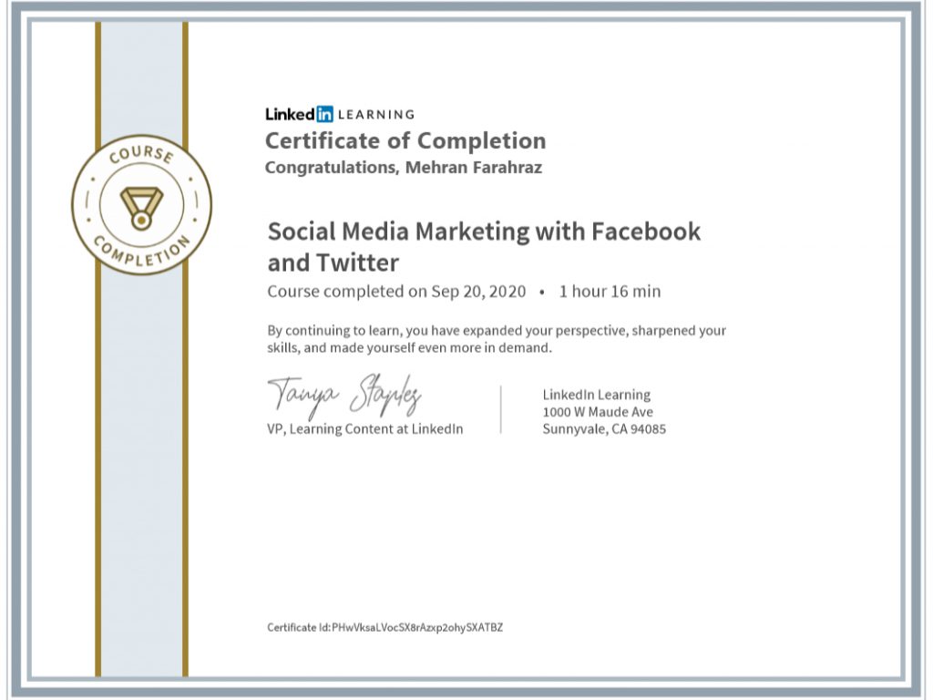 Social Media Marketing with Facebook and Twitter: linkedin certificate