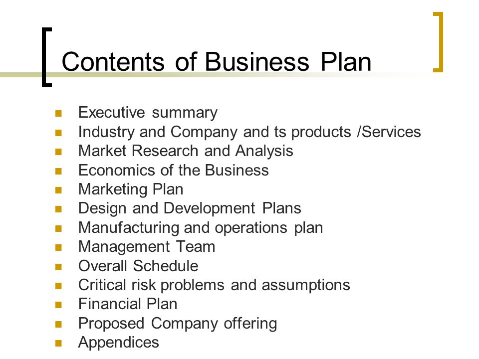3 contents of a business plan